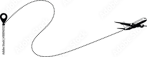 Airplane silhouette with dotted flight path and destination pin, travel concept, navigation route, aviation journey, vector illustration