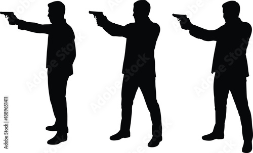 Silhouette shooters, handgun stance, side profile, black vector, aiming pose, armed figures, shooting posture, tactical scene, weapon focus, confrontation moment