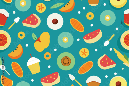A colorful pattern of fruits and pastries on a blue background