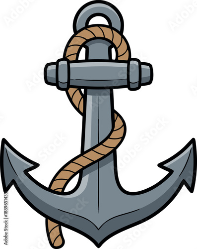 Nautical anchor illustration with a brown rope wrapped around its sturdy gray shaft