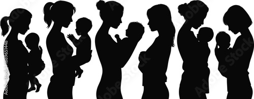 Mother and baby silhouettes showing maternal love, parenting care, breastfeeding and family bonding moments isolated on white background illustration