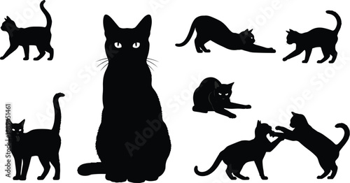 Black cat silhouette group with central seated figure and dynamic surrounding poses, showing feline behavior, posture, and interaction