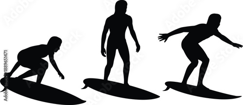 Surfing silhouettes, surfboard progression, black vector, wave riding, crouch stance, upright pose, balance motion, ocean sport, summer activity, surf steps