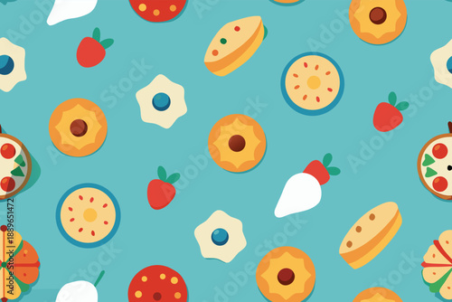 A blue background with a variety of pastries and desserts, including pies, cakes, and cookies