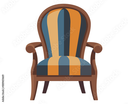 A illustration of a wooden armchair with striped upholstery