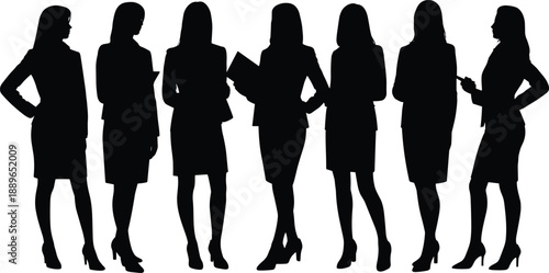 Businesswoman silhouettes, professional women standing, corporate attire, blazer and skirt, high heels, office posture, team diversity, vector art, minimal style, black shadow