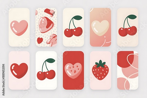Valentine love hearts cherries strawberry watercolor seamless pattern set romantic