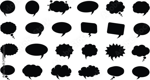 Black silhouette speech and thought bubbles in various styles, comic dialogue icons, communication symbols, vector illustration