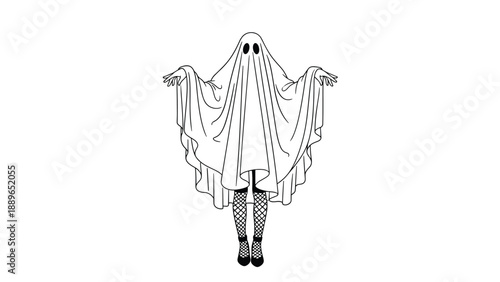 Human figure dressed as a classic ghost in a white sheet and fishnet stockings shown in a minimalist black and white line art.