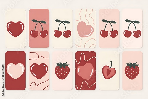 Cherry love romance set watercolor illustration background valentine day card