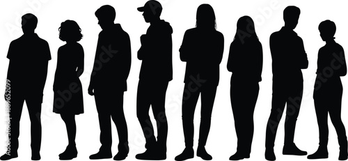 Silhouette people standing, diverse group illustration, casual posture, anonymous figures, fashion outline, male female mix, vector art, social concept, minimal style, black shadow