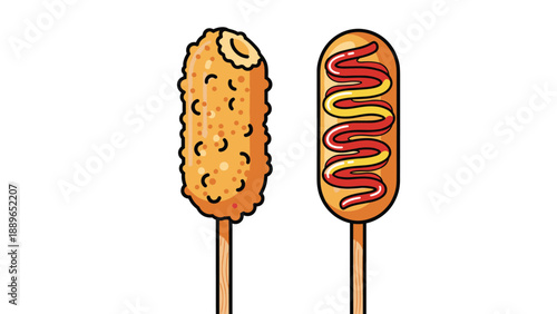 Two delicious corn dogs on sticks with one featuring a breaded coating and the other drizzled with wavy lines of mustard and ketchup.