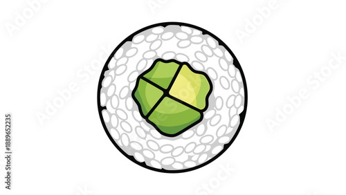 Top down view of a single sushi roll containing avocado and cucumber wrapped in white rice and dark seaweed for food menu design.