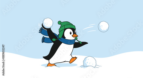 Cute Penguin Character Playing with Snowballs Wearing Green Hat and Blue Scarf Winter Illustration