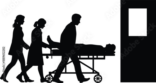 Medical emergency silhouette showing doctors and nurses transporting patient on hospital stretcher, healthcare rescue teamwork vector illustration isolated on white background