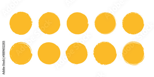 A set of ten vibrant yellow brushstroke circles with grunge texture on a clean white background