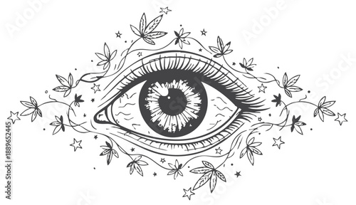 A stylized, illustrative drawing of a human eye, rendered in a monochrome palette of black and white, with a distinct linework style that suggests hand-drawn artistry. The eye is centered, presented i