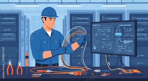 Skilled Network Engineer Working with Cables and Computer in Server Room.