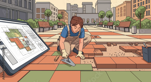 Skilled worker meticulously laying paving stones on a city walkway.