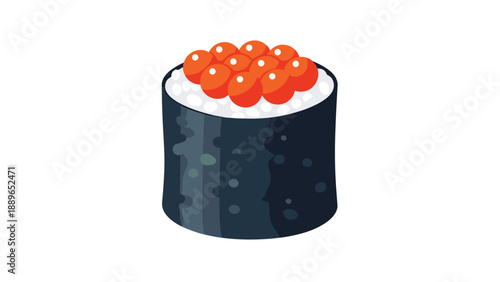 Single gunkan sushi roll wrapped in seaweed and topped with many translucent bright orange salmon roe pearls for a gourmet menu.