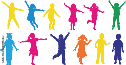 Colorful silhouettes of joyful children in dynamic poses, jumping, dancing, spreading arms, expressing energy, diversity, and playfulness