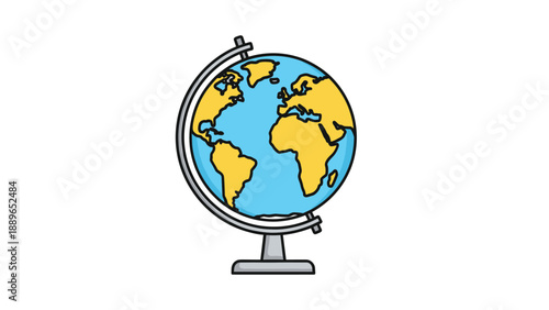 Educational world globe on a metal stand displaying continents in yellow and oceans in blue, isolated on a plain white background.