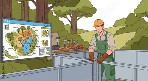 Construction worker in overalls and hard hat working on a metal structure outdoors.