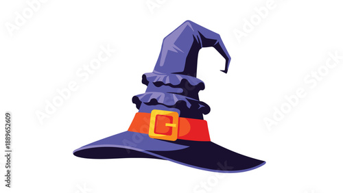 Tall pointed purple witch hat with a tattered brim and an orange belt featuring a gold buckle, isolated on a white background for magic.