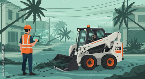 Construction worker operating a skid steer loader for debris removal 1.