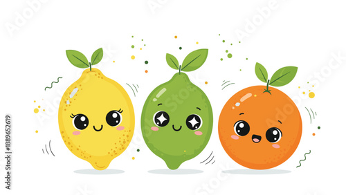 Set of three cute cartoon citrus fruits including a lemon, lime, and orange with happy smiling faces and sparkling eyes for fun.