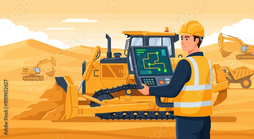 Construction worker operating heavy machinery with digital control panel.