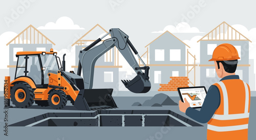 Construction worker overseeing excavation with heavy machinery.