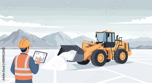 Construction worker overseeing frontend loader moving materials on a job site.