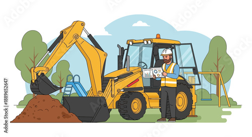Construction worker operating a yellow backhoe loader.
