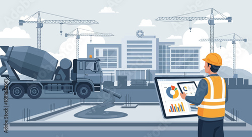 Construction worker using tablet at building site.