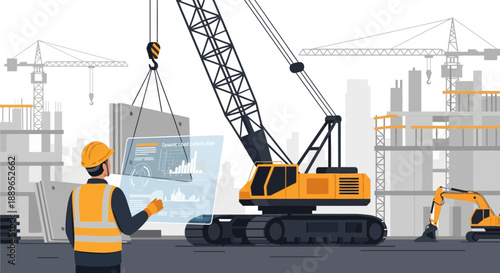 Construction worker overseeing heavy machinery operation at building site.