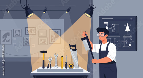 Craftsman holding a saw surrounded by various tools.