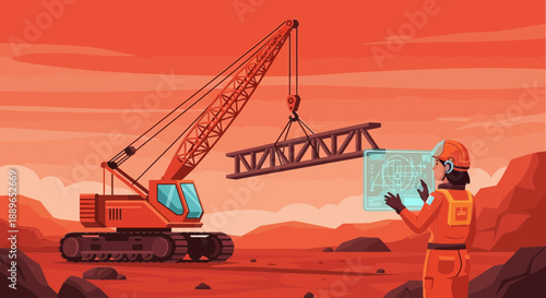 Construction worker with crane lifting steel beam on site.