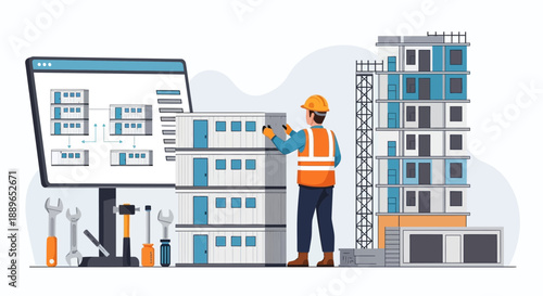 Construction worker with building plans and tools.