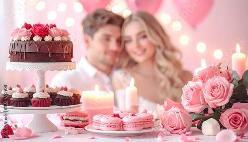 Couple Celebrating Valentine with Cake and Flowers