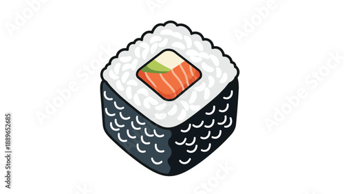 Illustration of a single sushi roll piece containing salmon avocado and cream cheese wrapped in nori seaweed and white rice.