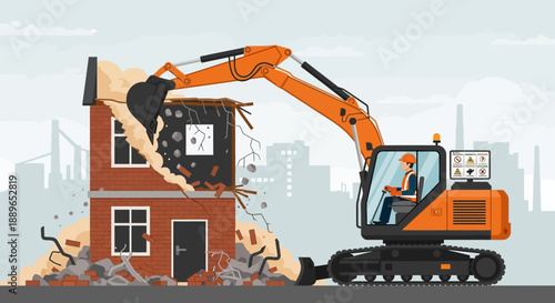 Excavator demolishing a house with a construction worker operating the machinery.