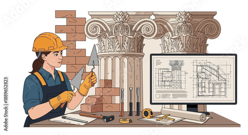 Female construction worker with trowel and bricks architectural elements.