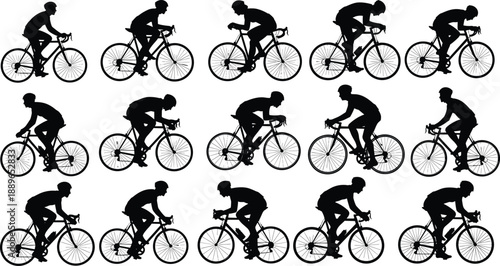 Cyclist silhouette grid with varied riding postures and motion styles in 3x5 layout