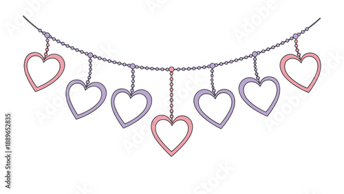 Decorative garland featuring hanging hearts in alternating pink and purple colors suspended from a beaded string for festive decor.