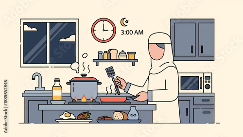 Woman Cooking in Kitchen at Night.