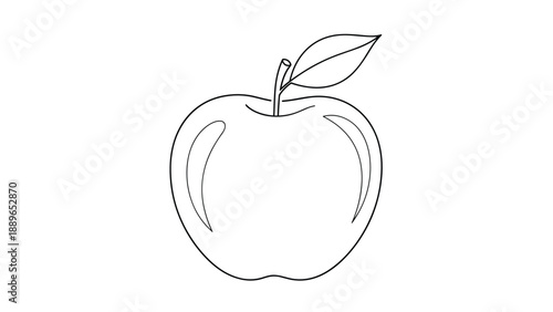 Minimalist black and white line drawing of a single apple with a leaf and stem featuring simple contours and subtle highlights.