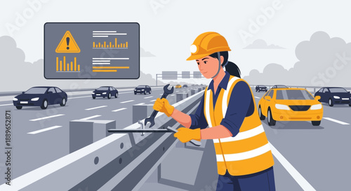 Female road worker in safety gear performing maintenance on a highway barrier.