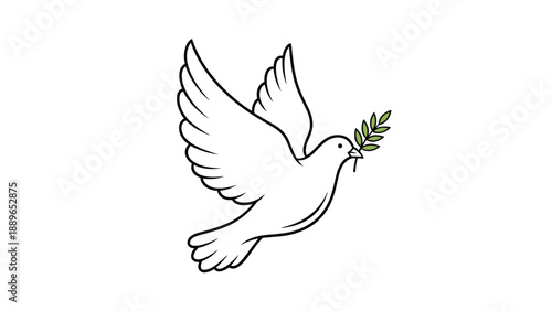 Illustration of a white dove in flight carrying a green olive branch in its beak representing a universal symbol of peace and hope.