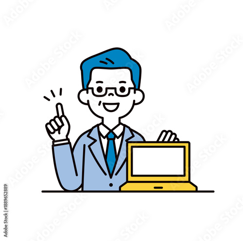 パソコンの画面を見せて商談する、社長・経営者・上司のシンプルな上半身ベクターイラスト素材